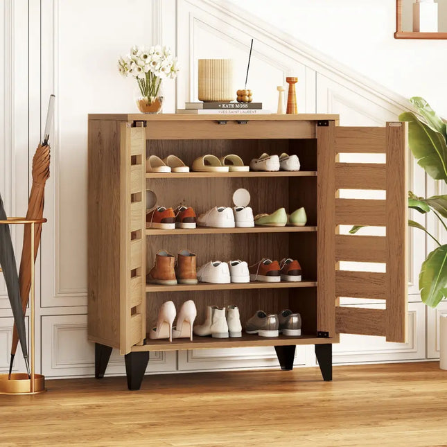 4-Tier Farmhouse Shoe Organizer with Louvered Door-Natural - Natural - Shoe Racks & Storage Benches