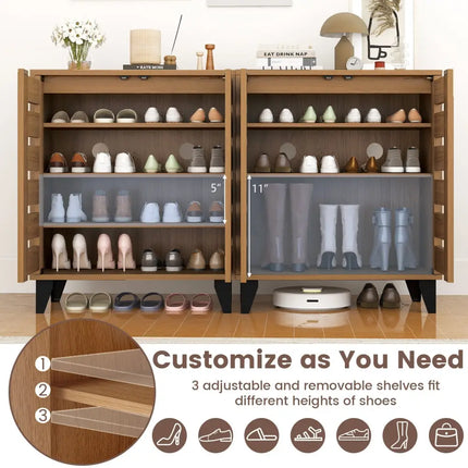 4-Tier Farmhouse Shoe Organizer with Louvered Door-Natural - Natural - Shoe Racks & Storage Benches