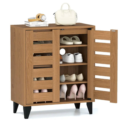 4-Tier Farmhouse Shoe Organizer with Louvered Door-Natural - Natural - Shoe Racks & Storage Benches
