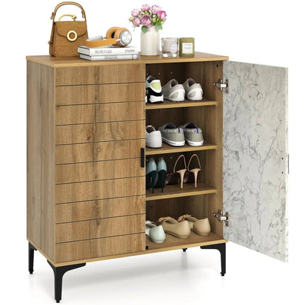 4 Tier Farmhouse Shoe Storage Cabinet with Removable Shelves and Metal Legs-Oak - Oak - Shoe Racks & Storage Benches