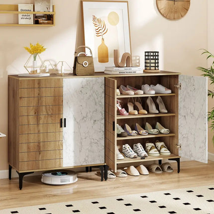 4 Tier Farmhouse Shoe Storage Cabinet with Removable Shelves and Metal Legs-Oak - Oak - Shoe Racks & Storage Benches