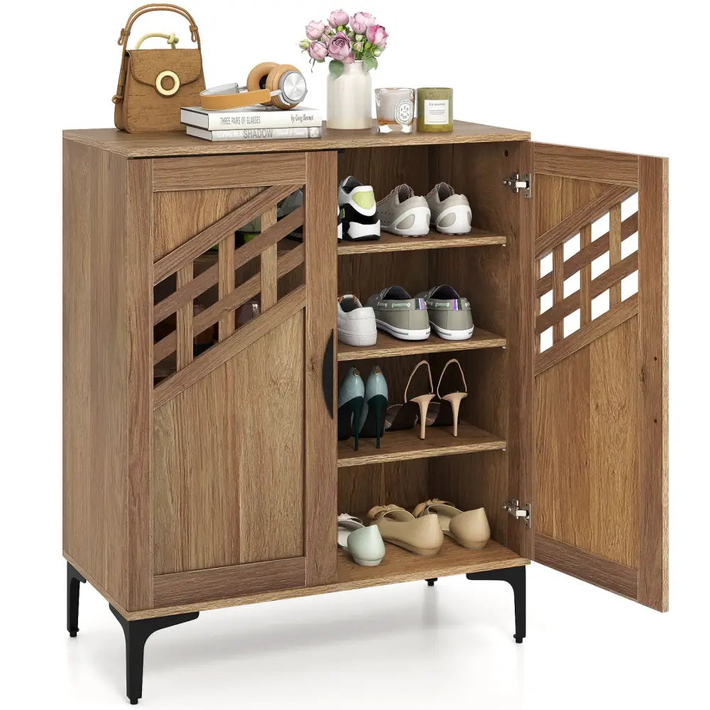 4 Tier Farmhouse Shoe Storage Cabinet with Removable Shelves and Metal Legs-Walnut - Walnut - Shoe Racks & Storage
