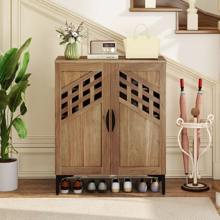 4 Tier Farmhouse Shoe Storage Cabinet with Removable Shelves and Metal Legs-Walnut - Walnut - Shoe Racks & Storage