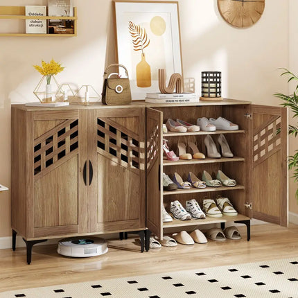 4 Tier Farmhouse Shoe Storage Cabinet with Removable Shelves and Metal Legs-Walnut - Walnut - Shoe Racks & Storage