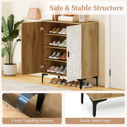 4 Tier Farmhouse Shoe Storage Cabinet with Removable Shelves and Metal Legs-Oak - Oak - Shoe Racks & Storage Benches