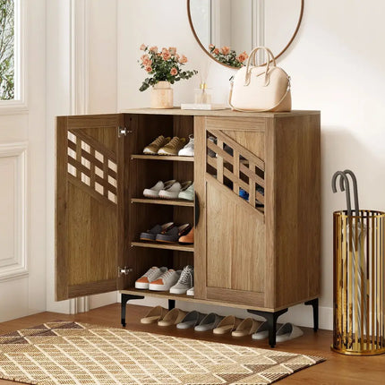 4 Tier Farmhouse Shoe Storage Cabinet with Removable Shelves and Metal Legs-Walnut - Walnut - Shoe Racks & Storage
