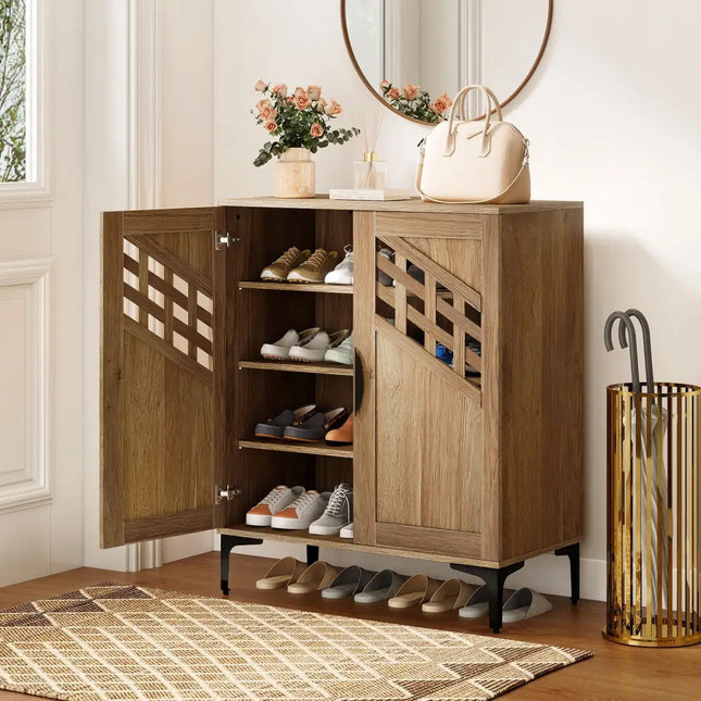 4 Tier Farmhouse Shoe Storage Cabinet with Removable Shelves and Metal Legs-Walnut - Walnut - Shoe Racks & Storage