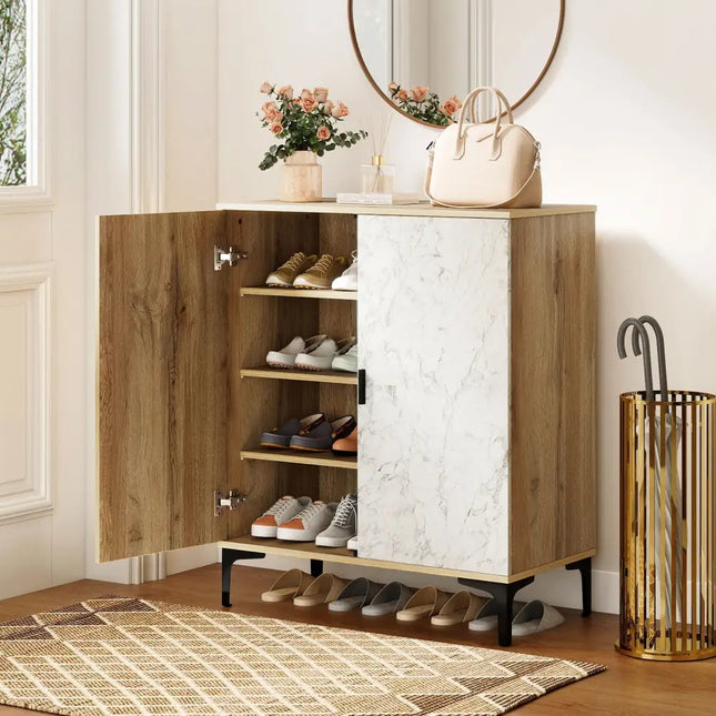 4 Tier Farmhouse Shoe Storage Cabinet with Removable Shelves and Metal Legs-Oak - Oak - Shoe Racks & Storage Benches