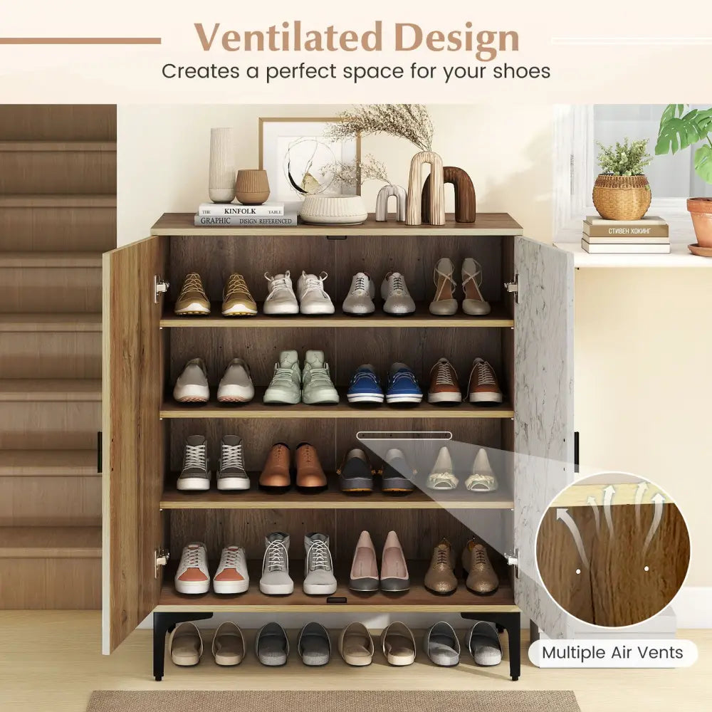 4 Tier Farmhouse Shoe Storage Cabinet with Removable Shelves and Metal Legs-Oak - Oak - Shoe Racks & Storage Benches
