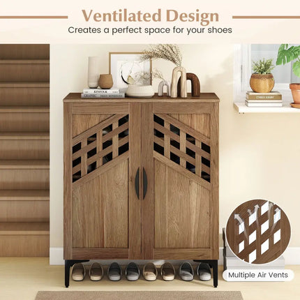 4 Tier Farmhouse Shoe Storage Cabinet with Removable Shelves and Metal Legs-Walnut - Walnut - Shoe Racks & Storage