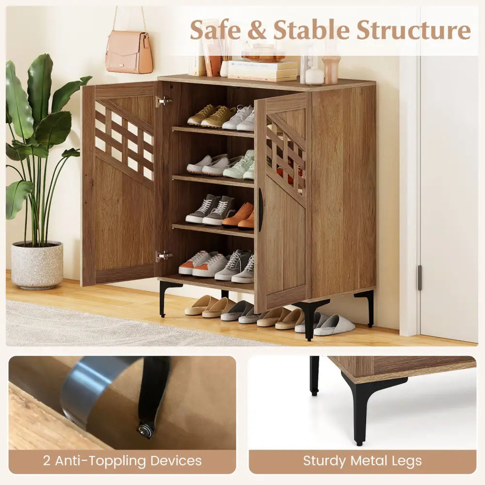 4 Tier Farmhouse Shoe Storage Cabinet with Removable Shelves and Metal Legs-Walnut - Walnut - Shoe Racks & Storage