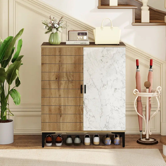 4 Tier Farmhouse Shoe Storage Cabinet with Removable Shelves and Metal Legs-Oak - Oak - Shoe Racks & Storage Benches