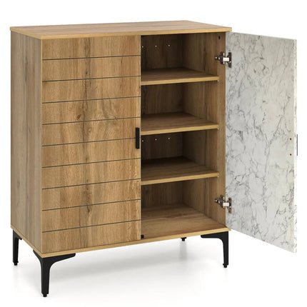 4 Tier Farmhouse Shoe Storage Cabinet with Removable Shelves and Metal Legs-Oak - Oak - Shoe Racks & Storage Benches