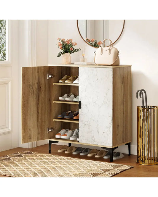 4 Tier Farmhouse Shoe Storage Cabinet with Removable Shelves and Metal Legs-Oak - Oak - Shoe Racks & Storage Benches
