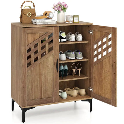 4 Tier Farmhouse Shoe Storage Cabinet with Removable Shelves and Metal Legs-Walnut - Walnut - Shoe Racks & Storage