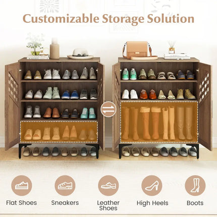 4 Tier Farmhouse Shoe Storage Cabinet with Removable Shelves and Metal Legs-Walnut - Walnut - Shoe Racks & Storage