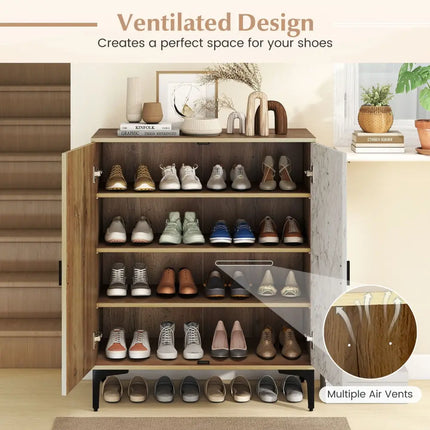 4 Tier Farmhouse Shoe Storage Cabinet with Removable Shelves and Metal Legs-Oak - Oak - Shoe Racks & Storage Benches