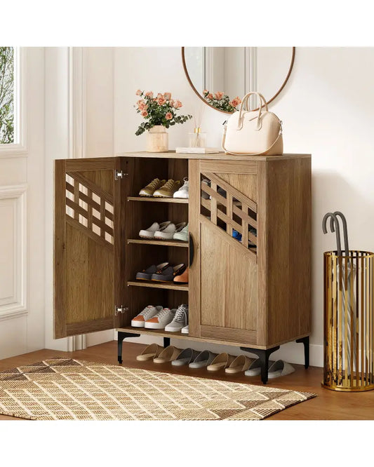4 Tier Farmhouse Shoe Storage Cabinet with Removable Shelves and Metal Legs-Walnut - Walnut - Shoe Racks & Storage