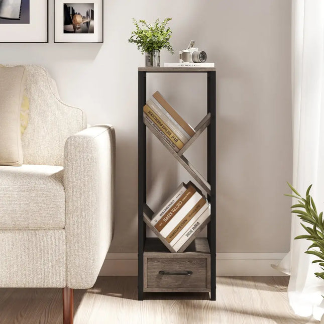 4 Tier Floor Tree Bookshelf with Drawer and Metal Frame-Gray Costway