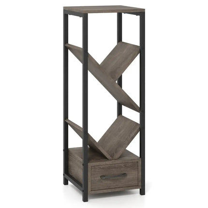 4 Tier Floor Tree Bookshelf with Drawer and Metal Frame-Gray Costway