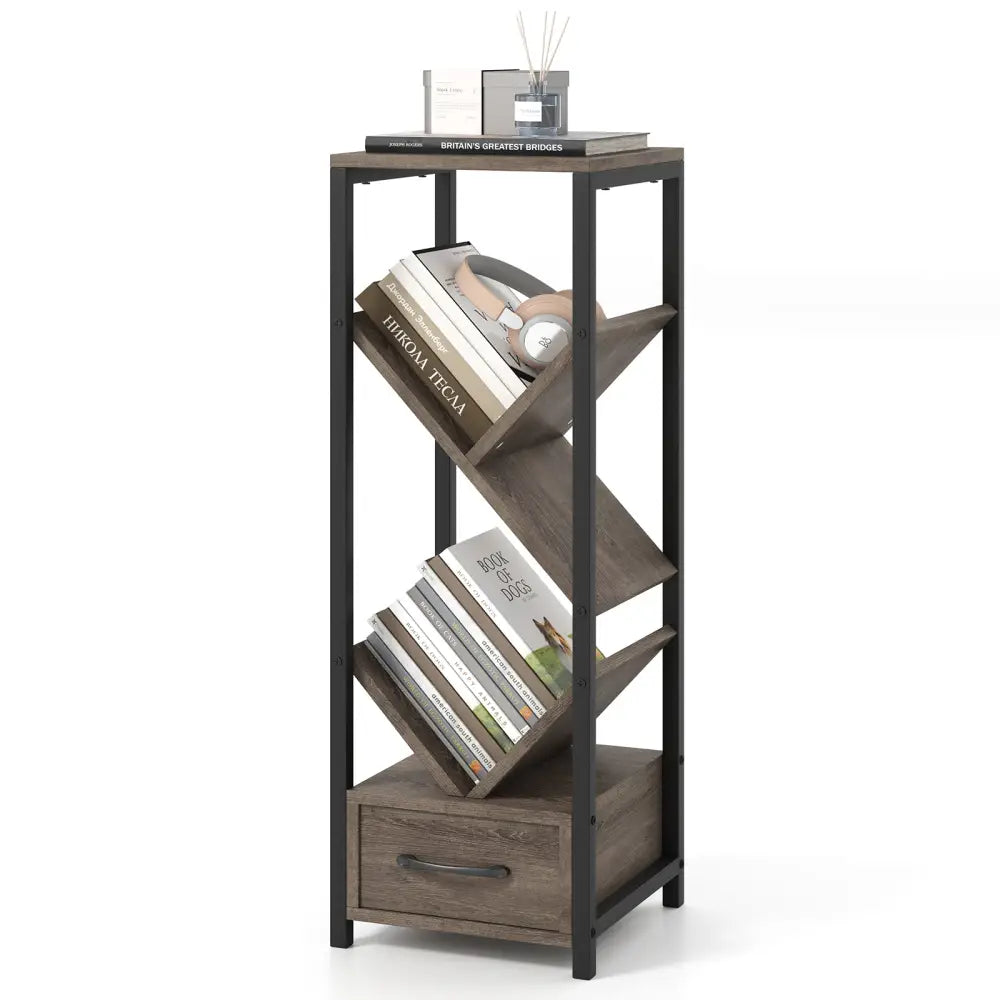 4 Tier Floor Tree Bookshelf with Drawer and Metal Frame-Gray - Gray - Bookcases