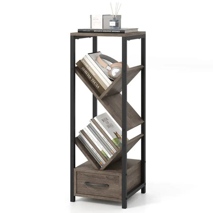 4 Tier Floor Tree Bookshelf with Drawer and Metal Frame-Gray Costway