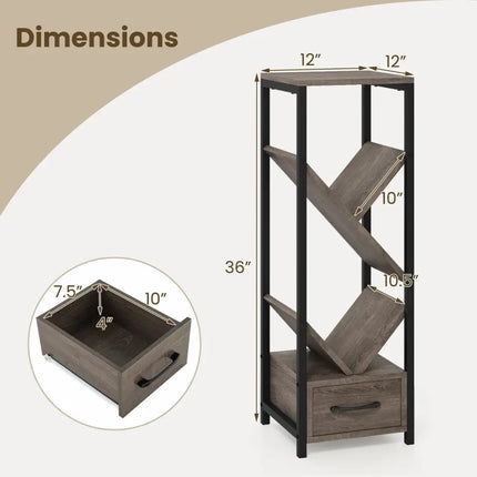 4 Tier Floor Tree Bookshelf with Drawer and Metal Frame-Gray Costway