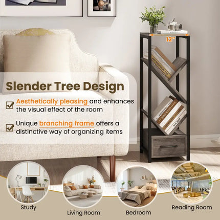 4 Tier Floor Tree Bookshelf with Drawer and Metal Frame-Gray Costway