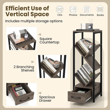 4 Tier Floor Tree Bookshelf with Drawer and Metal Frame-Gray Costway
