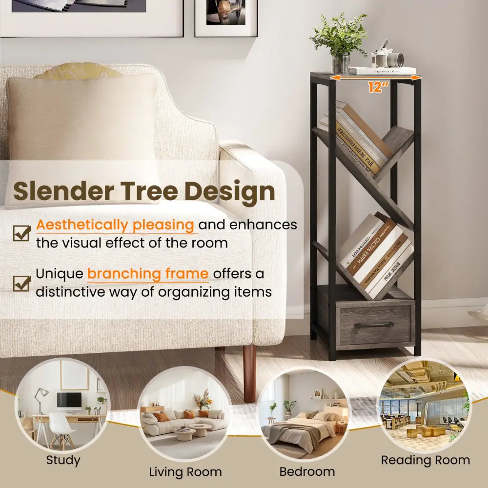 4 Tier Floor Tree Bookshelf with Drawer and Metal Frame-Gray - Gray - Bookcases