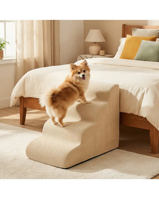 4-Tier Foam Non-Slip Dog Steps with Washable Zippered Cover and Brush-Beige - Beige - Dog Supplies