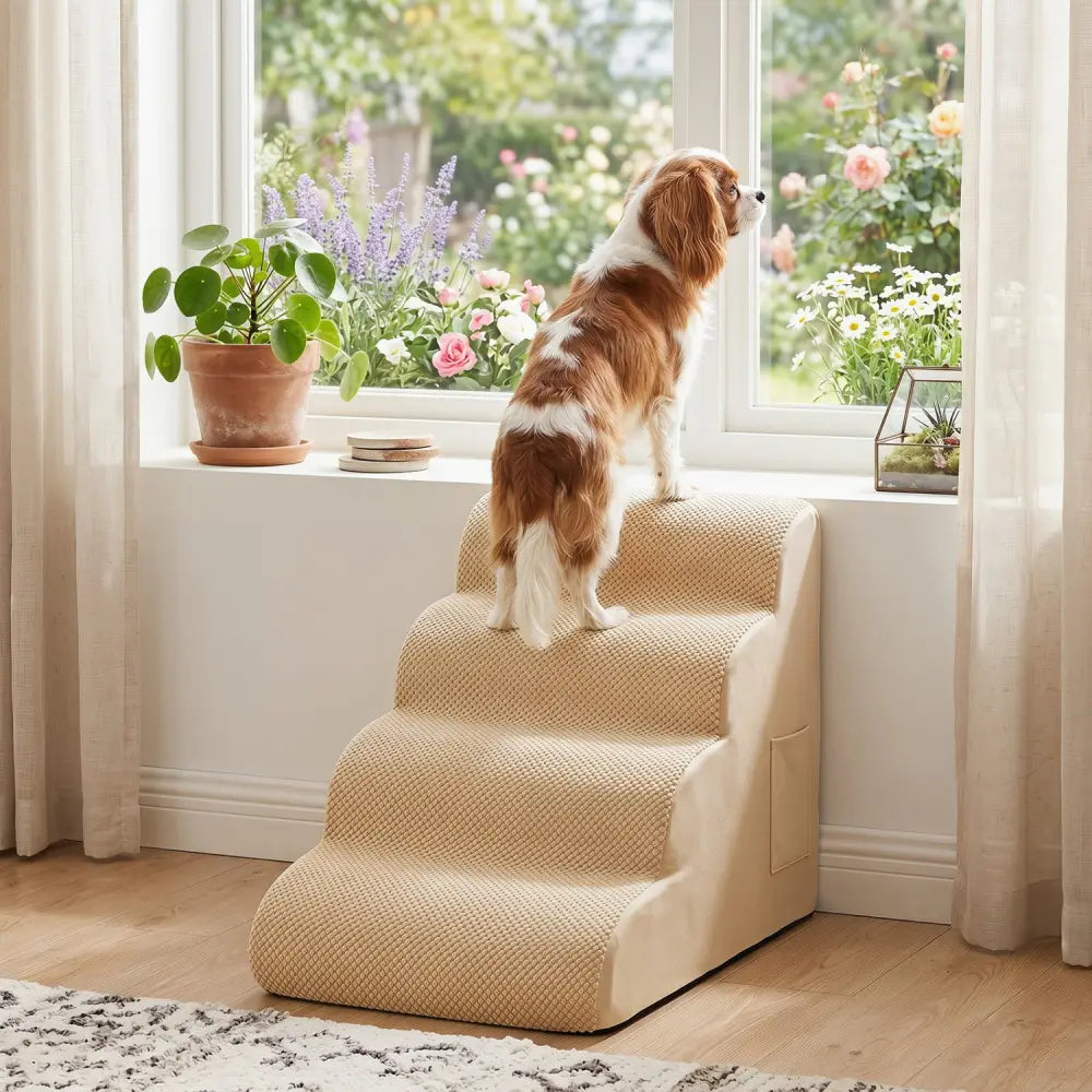 4-Tier Foam Non-Slip Dog Steps with Washable Zippered Cover and Brush-Beige - Beige - Dog Supplies