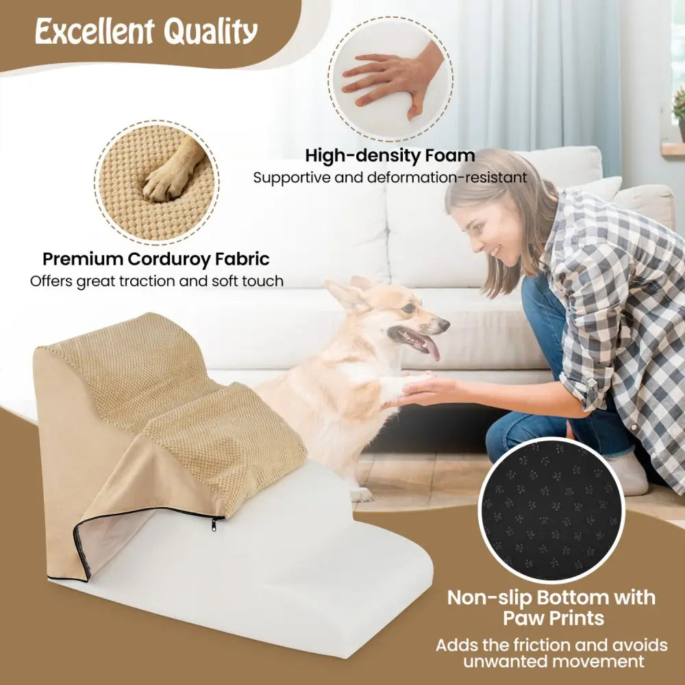 4-Tier Foam Non-Slip Dog Steps with Washable Zippered Cover and Brush-Beige - Beige - Dog Supplies