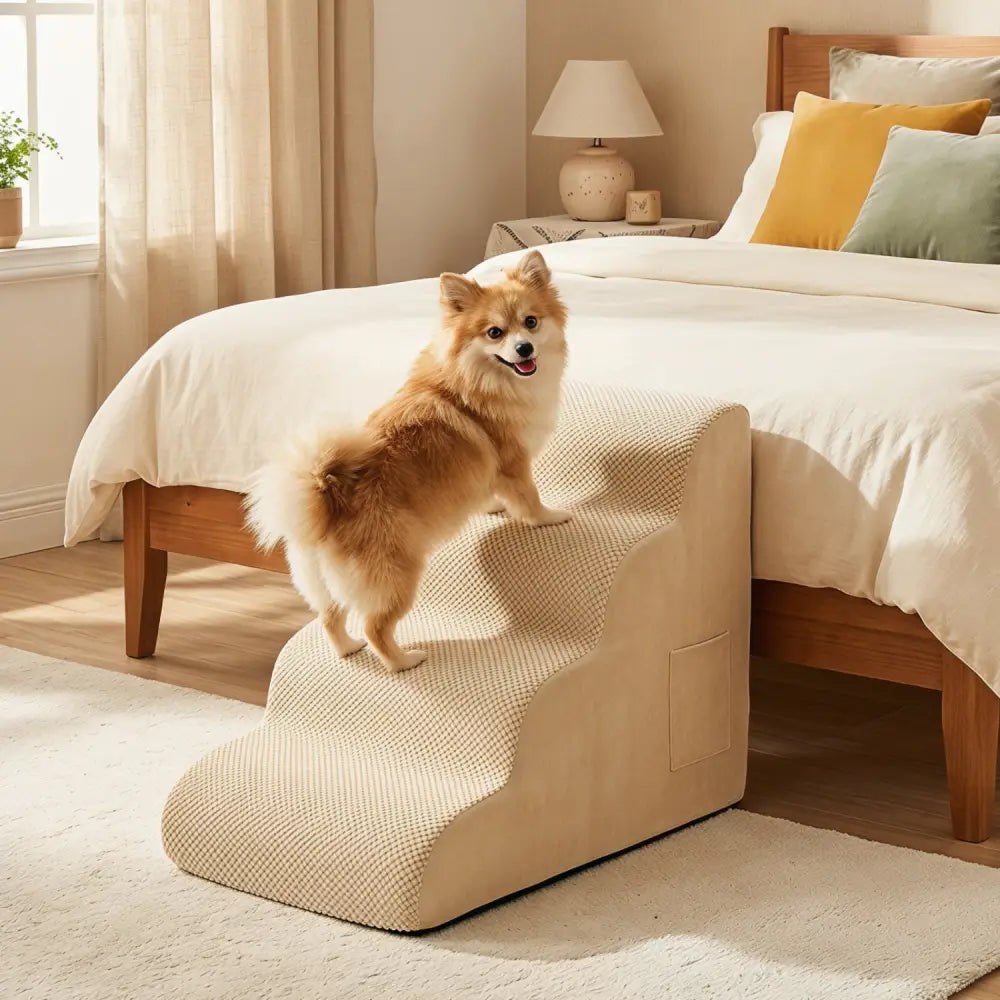 4-Tier Foam Non-Slip Dog Steps with Washable Zippered Cover and Brush-Beige - Beige - Dog Supplies