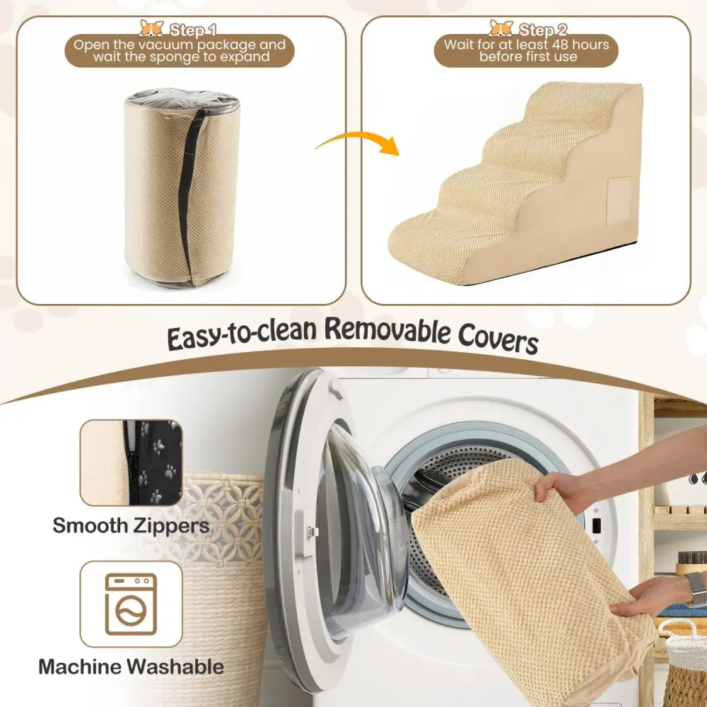 4-Tier Foam Non-Slip Dog Steps with Washable Zippered Cover and Brush-Beige - Beige - Dog Supplies