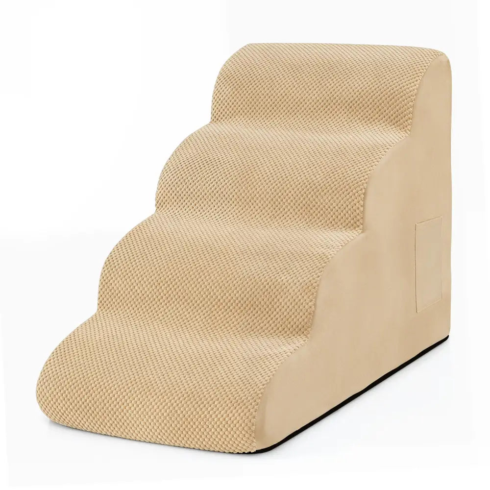 4-Tier Foam Non-Slip Dog Steps with Washable Zippered Cover and Brush-Beige - Beige - Dog Supplies