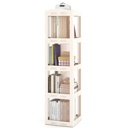 4-Tier Foldable Rotating Bookshelf with Swivel Base and Translucent Panels-White Costway