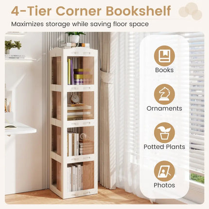 4-Tier Foldable Rotating Bookshelf with Swivel Base and Translucent Panels-White Costway