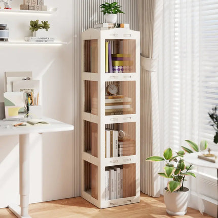 4-Tier Foldable Rotating Bookshelf with Swivel Base and Translucent Panels-White Costway