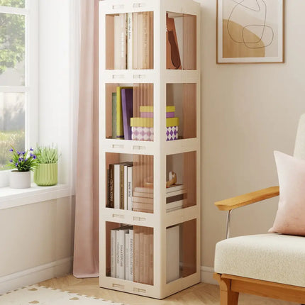 4-Tier Foldable Rotating Bookshelf with Swivel Base and Translucent Panels-White Costway