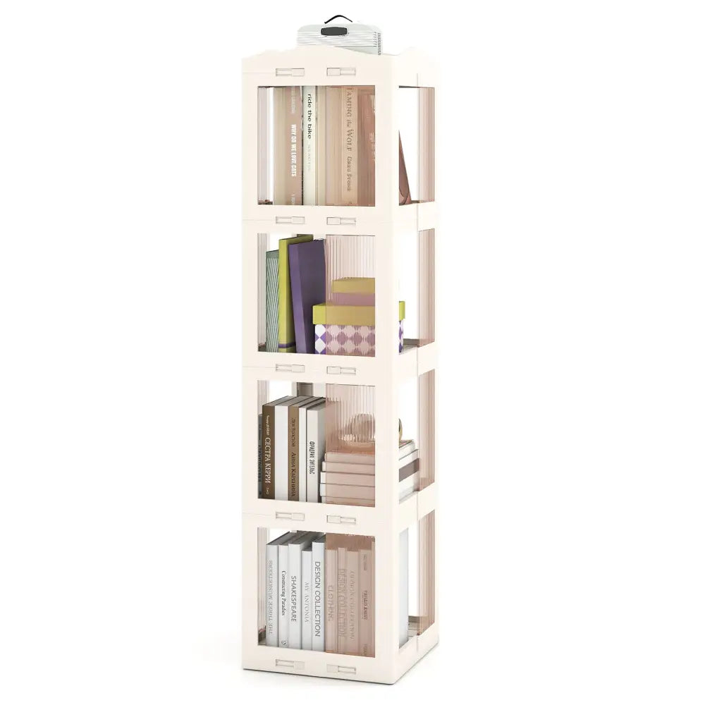 4-Tier Foldable Rotating Bookshelf with Swivel Base and Translucent Panels-White - White - Bookcases