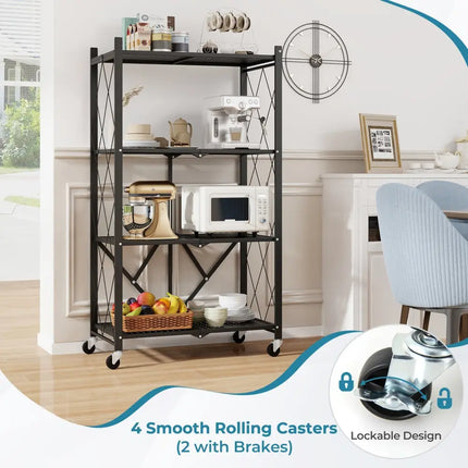 4-Tier Foldable Storage Shelf Collapsible Storage Rack with Lockable Wheels-Black Costway