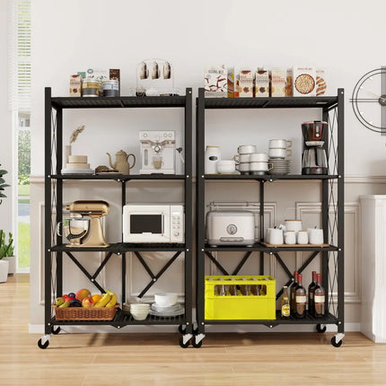 4-Tier Foldable Storage Shelf Collapsible Storage Rack with Lockable Wheels-Black Costway