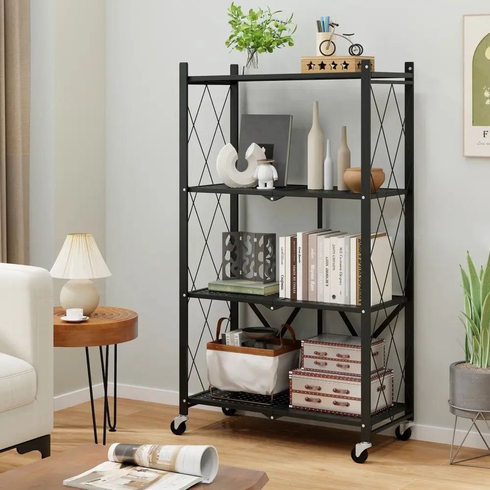 4-Tier Foldable Storage Shelf Collapsible Storage Rack with Lockable Wheels-Black - Black - Bookcases