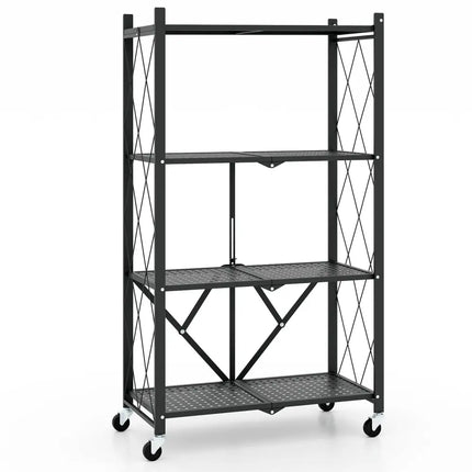 4-Tier Foldable Storage Shelf Collapsible Storage Rack with Lockable Wheels-Black Costway