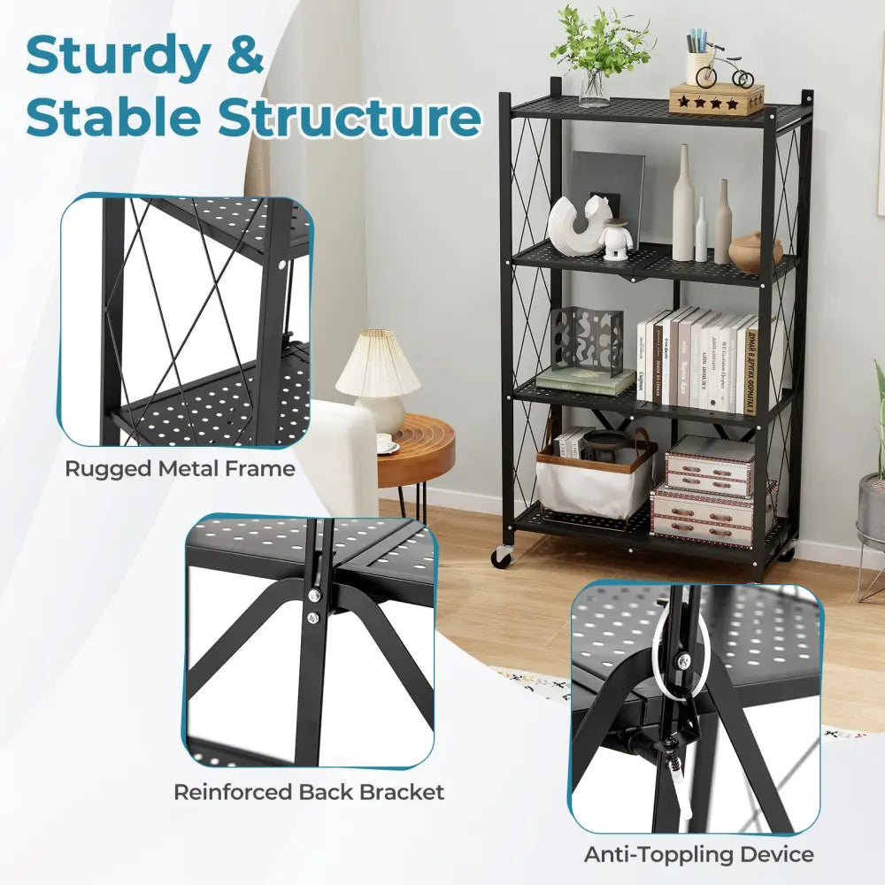 4-Tier Foldable Storage Shelf Collapsible Storage Rack with Lockable Wheels-Black - Black - Bookcases