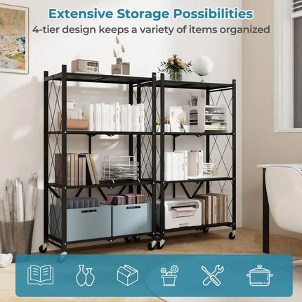4-Tier Foldable Storage Shelf Collapsible Storage Rack with Lockable Wheels-Black Costway