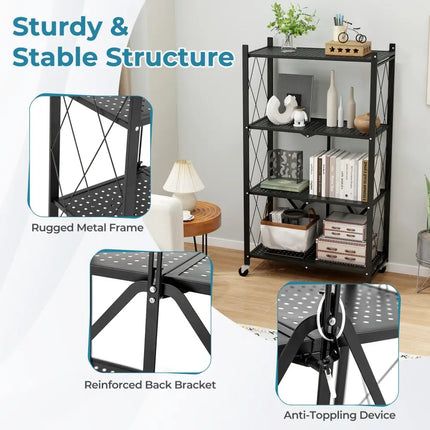4-Tier Foldable Storage Shelf Collapsible Storage Rack with Lockable Wheels-Black Costway