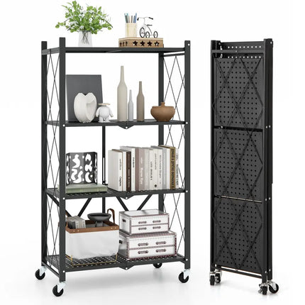 4-Tier Foldable Storage Shelf Collapsible Storage Rack with Lockable Wheels-Black Costway