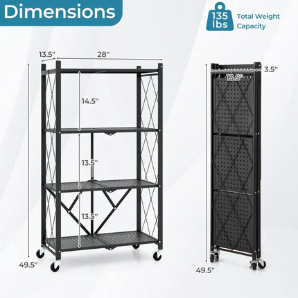 4-Tier Foldable Storage Shelf Collapsible Storage Rack with Lockable Wheels-Black Costway